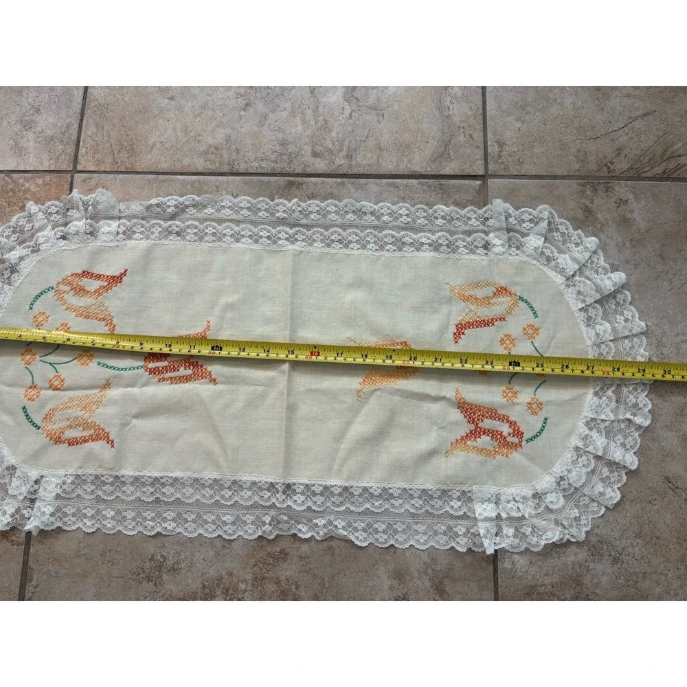 Vintage Hand Embroidered Floral Table Runner Lace Trim 30in Cottagecore Decor